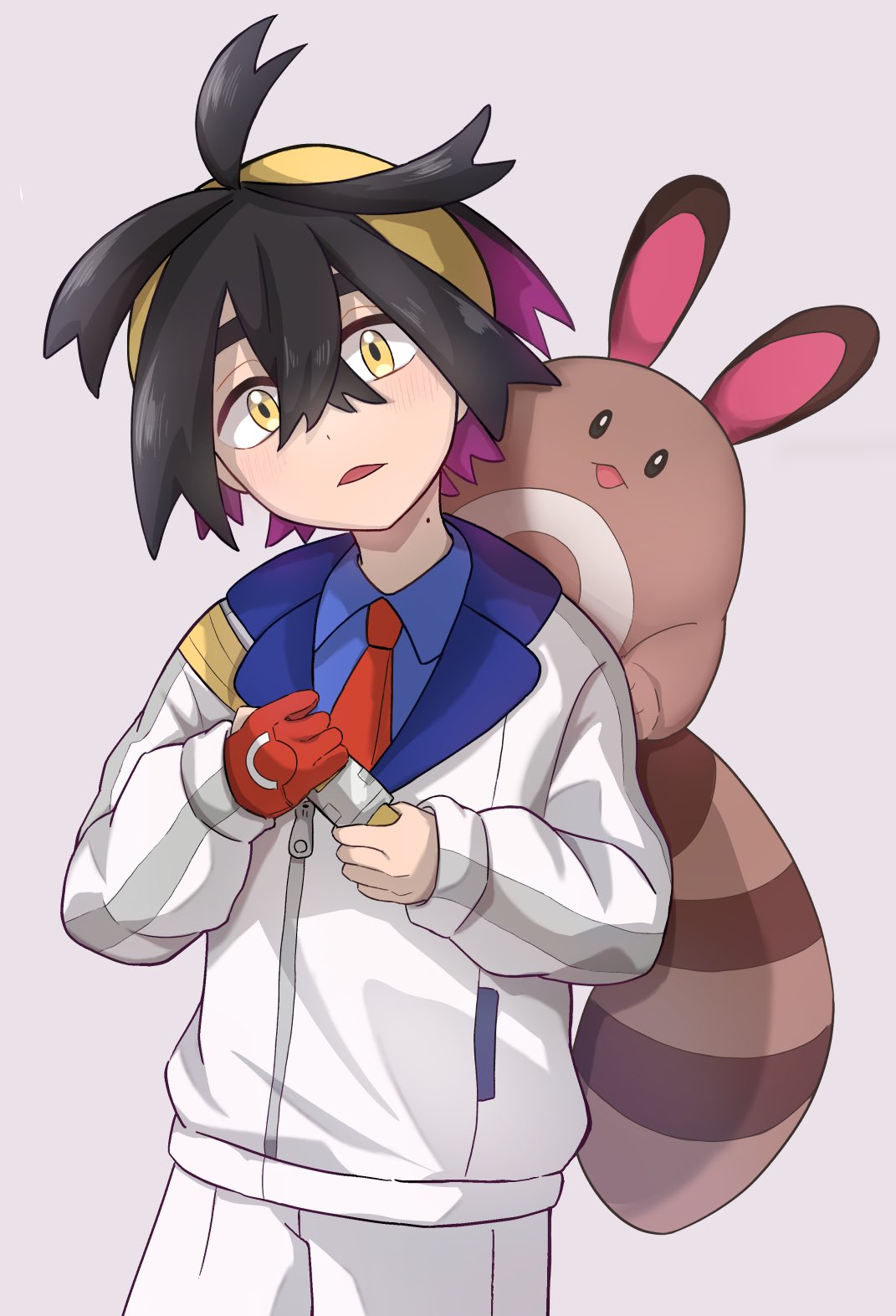 1boy ahoge aritsune01 black_hair blue_shirt blush collared_shirt colored_inner_hair commentary_request crossed_bangs gloves grey_background hair_between_eyes hairband head_tilt highres holding_strap jacket kieran_(pokemon) long_sleeves male_focus mole mole_on_neck multicolored_hair necktie open_mouth partially_fingerless_gloves pokemon pokemon_(creature) pokemon_(game) pokemon_on_back pokemon_sv red_necktie sentret shirt short_hair shorts single_glove white_jacket white_shorts yellow_eyes yellow_hairband