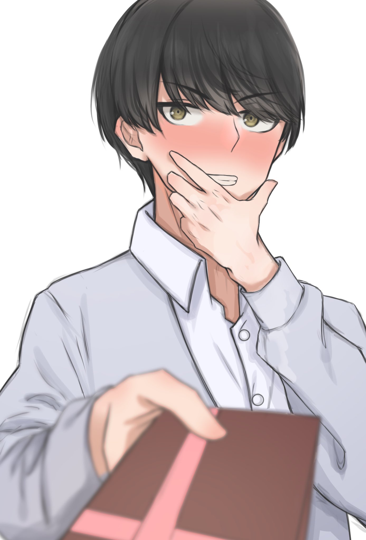 1boy black_hair blurry blush casual commentary_request depth_of_field dress_shirt embarrassed eyelashes eyes_visible_through_hair female_pov gift go-toubun_no_hanayome grey_jacket grin hand_on_own_face hand_up highres holding holding_gift incoming_gift jacket kakato_0 looking_at_viewer male_focus nose_blush open_clothes open_jacket pov shirt short_hair simple_background smile solo swept_bangs tsurime uesugi_fuutarou upper_body upturned_eyes white_background white_shirt yellow_eyes