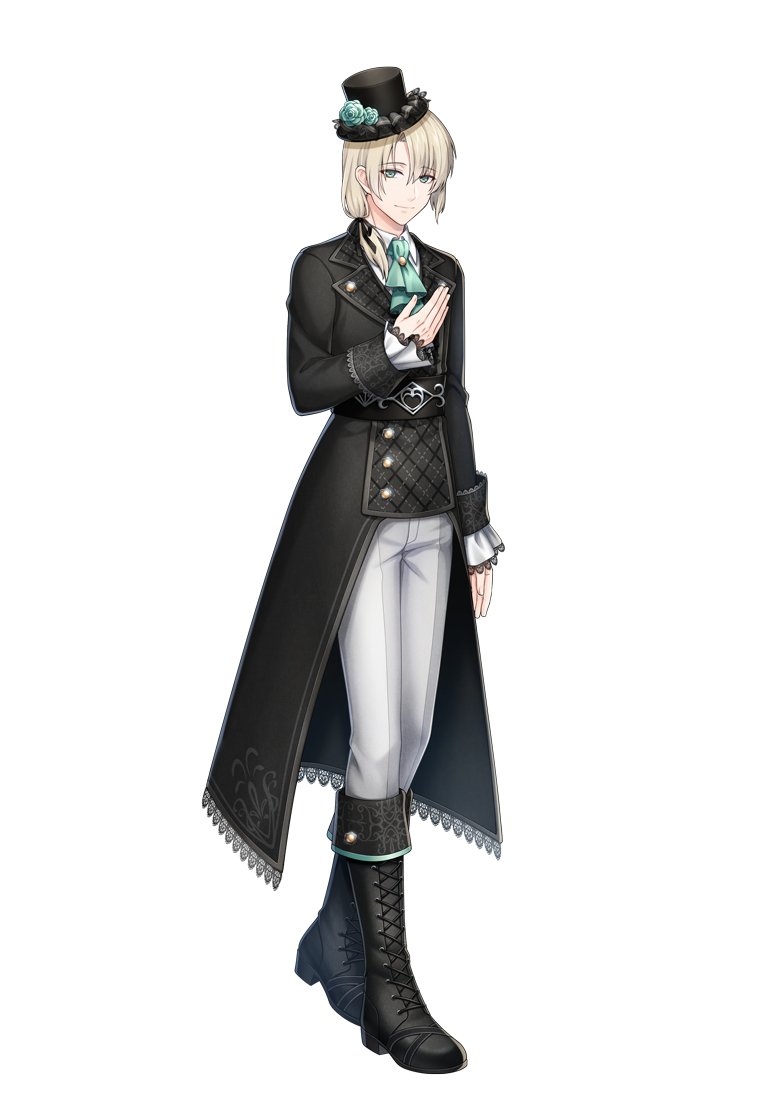 1boy alternate_costume aqua_ascot aqua_eyes aqua_flower aqua_rose arm_at_side ascot belt black_belt black_coat black_footwear black_headwear black_ribbon blonde_hair boots brooch bungou_to_alchemist buttons closed_mouth coat collared_shirt cross-laced_footwear curtained_hair flower frilled_sleeves frills full_body hair_between_eyes hair_over_shoulder hair_ribbon hand_on_own_chest hat hat_flower jewelry lace-trimmed_sleeves lace-up_boots lace_trim lev_tolstoy_(bungou_to_alchemist) long_sleeves looking_at_viewer low_ponytail male_focus medium_hair mini_hat mini_top_hat official_art pants plaid plaid_coat ribbon rose shirt sleeve_cuffs smile solo standing third-party_source top_hat transparent_background white_pants white_shirt