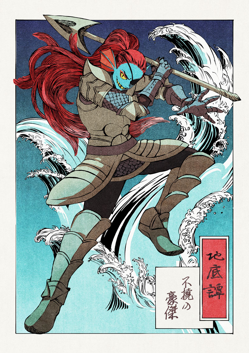 1girl armor black_pants blue_skin colored_sclera colored_skin eyepatch fins fish_girl gauntlets head_fins holding holding_polearm holding_weapon long_hair metal_boots pants polearm redhead sharp_teeth slit_pupils solo spear tami_yagi teeth translation_request undertale undyne very_long_hair waves weapon yellow_sclera