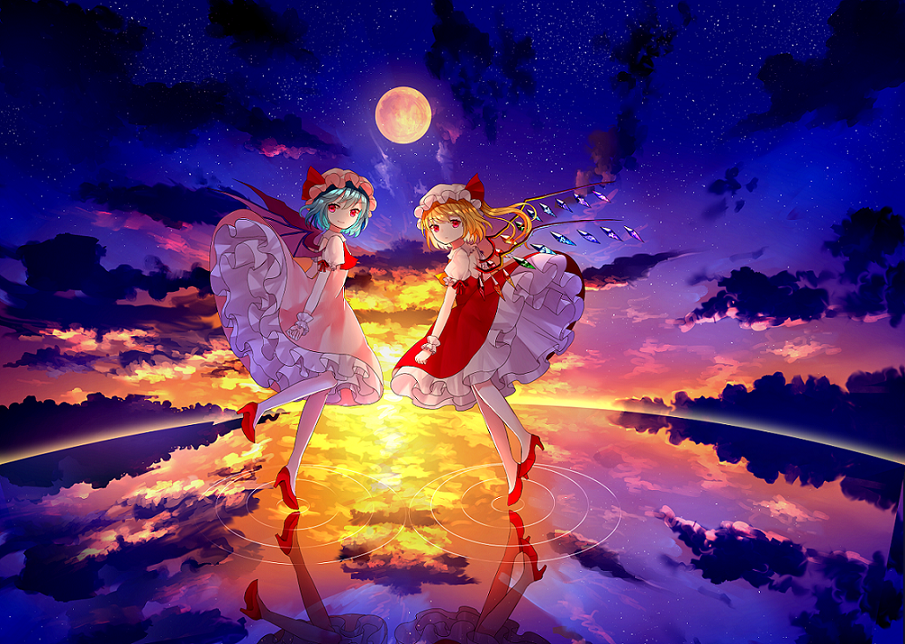 2girls :/ ascot back_cutout bat_wings blush clothing_cutout clouds cloudy_sky collared_shirt commentary_request crystal dress flandre_scarlet full_body full_moon hat high_heels looking_at_viewer looking_back mob_cap moon multicolored_wings multiple_girls night night_sky no_socks petticoat pink_dress pink_headwear puffy_short_sleeves puffy_sleeves red_ascot red_eyes red_footwear red_ribbon red_skirt red_vest reflection reflective_water remilia_scarlet ribbon ripples sakizaki_saki-p shirt short_hair short_sleeves siblings side_ponytail sisters skirt sky standing standing_on_liquid star_(sky) starry_sky touhou vest water white_headwear white_shirt wing_collar wings wrist_cuffs