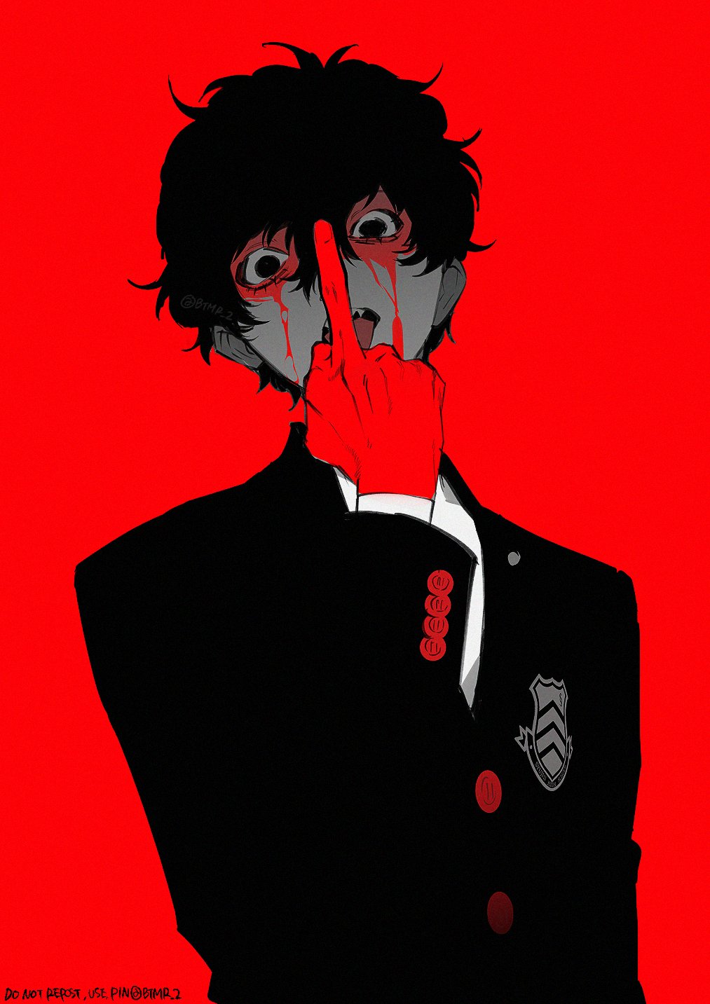 1boy amamiya_ren black_eyes black_hair black_jacket blending btmr_game buttons commentary_request emblem gloves hair_between_eyes hand_up highres jacket limited_palette long_sleeves looking_at_viewer male_focus middle_finger open_mouth persona persona_5 red_background red_gloves school_uniform short_hair shuujin_academy_school_uniform simple_background solo twitter_username upper_body