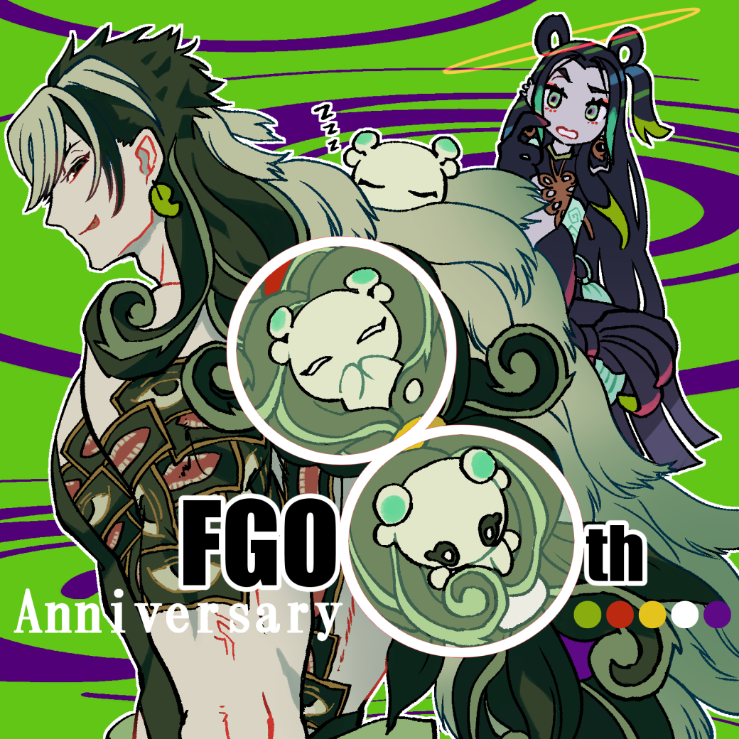 00e_fgo 2boys :p anniversary ashiya_douman_(fate) ashiya_douman_(second_ascension)_(fate) asymmetrical_hair black_hair character_request creature creature_on_shoulder curly_hair earrings fate/grand_order fate_(series) fingernails hair_between_eyes half-closed_eyes halo head_tilt jewelry long_hair looking_at_viewer looking_back magatama magatama_earrings male_focus multicolored_hair multiple_boys on_shoulder pectorals seductive_smile sharp_fingernails smile split-color_hair toned toned_male tongue tongue_out two-tone_hair upper_body very_long_hair white_hair zzz