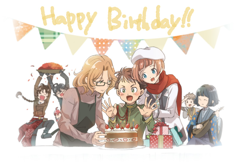 ._. 6+boys :d ^_^ ahoge aiguillette apron arms_up beret birthday birthday_cake birthday_party biwa_lute black_apron black_gloves black_jacket black_pants blue_eyes blue_hair blue_jacket blunt_bangs blush box braid brown_hair brown_jacket brown_sweater bungou_to_alchemist cake candle checkered_necktie chili_pepper closed_eyes closed_mouth clothes_around_waist dark_blue_hair dazai_osamu_(bungou_to_alchemist) dress_shirt food foot_out_of_frame fruit gift gift_box glasses gloves green_eyes green_jacket grey_kimono hagiwara_sakutarou hair_between_eyes hands_on_another's_shoulders hanten_(clothes) happy_birthday hat holding holding_instrument holding_tray hori_tatsuo_(bungou_to_alchemist) instrument jacket japanese_clothes kacka kimono lapels light_brown_hair long_hair long_sleeves looking_at_another lute_(instrument) male_focus medium_hair miyoshi_tatsuji_(bungou_to_alchemist) multiple_boys muroo_saisei nakano_shigeharu_(bungou_to_alchemist) necktie notched_lapels oda_sakunosuke_(bungou_to_alchemist) off_shoulder open_hands pants parted_bangs red_scarf redhead ribbed_sweater sakaguchi_ango_(bungou_to_alchemist) salute scarf shirt short_bangs short_hair simple_background single_braid sitting sleeves_past_wrists smile spilling standing standing_on_one_leg strawberry string_of_flags sweater table tray turtleneck turtleneck_sweater upper_body wavy_hair whipped_cream white_background white_headwear white_jacket white_necktie white_shirt
