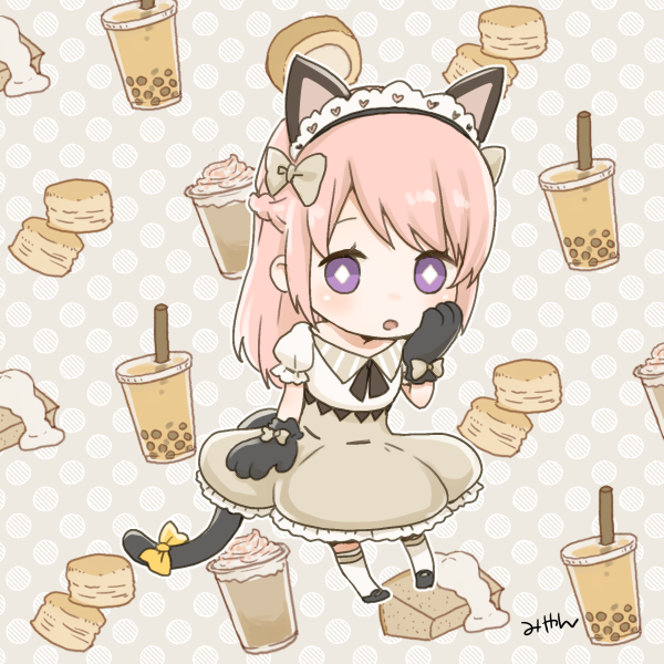 1girl animal_ears animal_hands black_gloves blush bow bread brown_bow brown_skirt bubble_tea cat_tail character_request chibi coffee commentary_request diamond-shaped_pupils diamond_(shape) expressionless fake_animal_ears fake_tail food full_body glove_bow gloves hair_bow hand_on_own_face headdress long_hair looking_at_viewer medium_bangs miyan_(shamigame) open_mouth pancake paw_gloves pink_hair ragnarok_masters ragnarok_online shirt skirt socks solo souffle_pancake symbol-shaped_pupils tail violet_eyes whipped_cream white_shirt white_socks