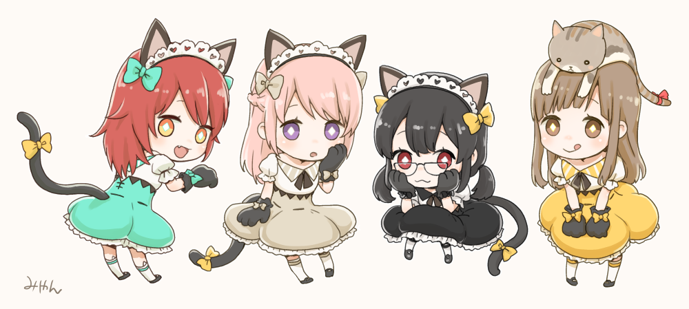 4girls :3 :d :q animal_ears animal_hands animal_on_head black_gloves black_hair black_skirt blue_bow blue_skirt blunt_bangs blush bow brown_background brown_bow brown_cat brown_eyes brown_hair brown_skirt cat cat_ears cat_on_head cat_tail character_request chibi closed_mouth commentary_request diamond-shaped_pupils diamond_(shape) expressionless fake_animal_ears fake_tail fang frilled_skirt frills full_body glasses glove_bow gloves hair_bow hand_on_own_face hands_on_own_face headdress leaning_forward long_hair looking_at_viewer looking_back low_twintails medium_bangs miyan_(shamigame) multiple_girls on_head open_mouth orange_eyes paw_gloves pink_hair puffy_short_sleeves puffy_sleeves ragnarok_masters ragnarok_online red_eyes redhead shirt short_hair short_sleeves short_twintails sidelocks simple_background skirt smile socks symbol-shaped_pupils tail tail_bow tail_ornament tongue tongue_out twintails violet_eyes white_shirt white_socks yellow_bow yellow_skirt