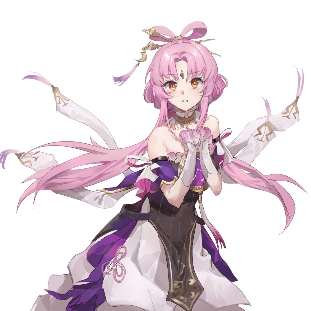 1girl armpit_crease bare_shoulders blush bow-shaped_hair breasts detached_sleeves floating_clothes floating_hair forehead_jewel fu_xuan_(honkai:_star_rail) hair_ornament hairpin hands_on_own_chest honkai:_star_rail honkai_(series) long_hair looking_at_viewer low_twintails miaooon parted_lips pink_hair simple_background small_breasts solo tassel twintails white_background yellow_eyes