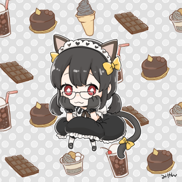 1girl :3 animal_ears animal_hands black_hair black_skirt blush bow cake candy cat_ears cat_tail character_request cherry chibi chocolate chocolate_bar closed_mouth commentary_request diamond-shaped_pupils diamond_(shape) drinking_straw fake_animal_ears fake_tail food fruit full_body glasses gloves hair_bow hands_on_own_face headdress ice_cream ice_cream_cone looking_at_viewer low_twintails medium_bangs milkshake miyan_(shamigame) paw_gloves puffy_short_sleeves puffy_sleeves ragnarok_masters ragnarok_online red_eyes shirt short_hair short_sleeves short_twintails sidelocks skirt smile solo symbol-shaped_pupils tail tail_bow tail_ornament twintails white_shirt yellow_bow