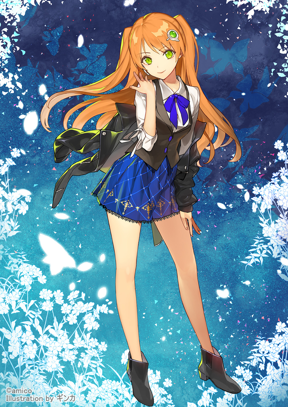 1girl amiami_(company) amico bare_legs black_footwear black_jacket black_vest blue_skirt butter collared_shirt flower food full_body ginka_sima green_eyes hair_ornament highres jacket long_hair long_sleeves looking_at_viewer off_shoulder official_art open_clothes open_jacket orange_hair shirt skirt smile solo standing twintails two_side_up very_long_hair vest white_shirt