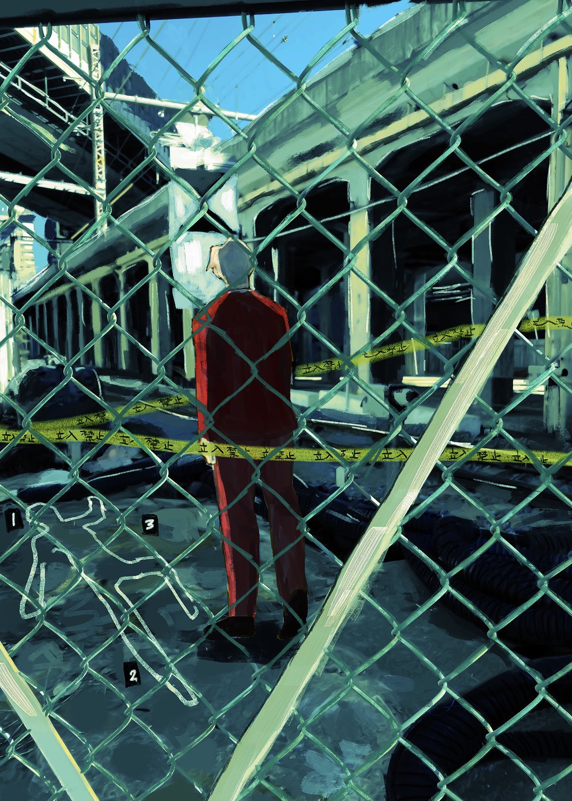 1boy ace_attorney black_footwear blue_sky caution_tape chain-link_fence chalk_outline city crime_scene evidence_markers facing_away fence from_behind grey_hair haco_(haco_haco_1) highres jacket long_sleeves male_focus miles_edgeworth outdoors pants red_jacket red_pants red_suit shoes short_hair sky solo standing suit wide_shot