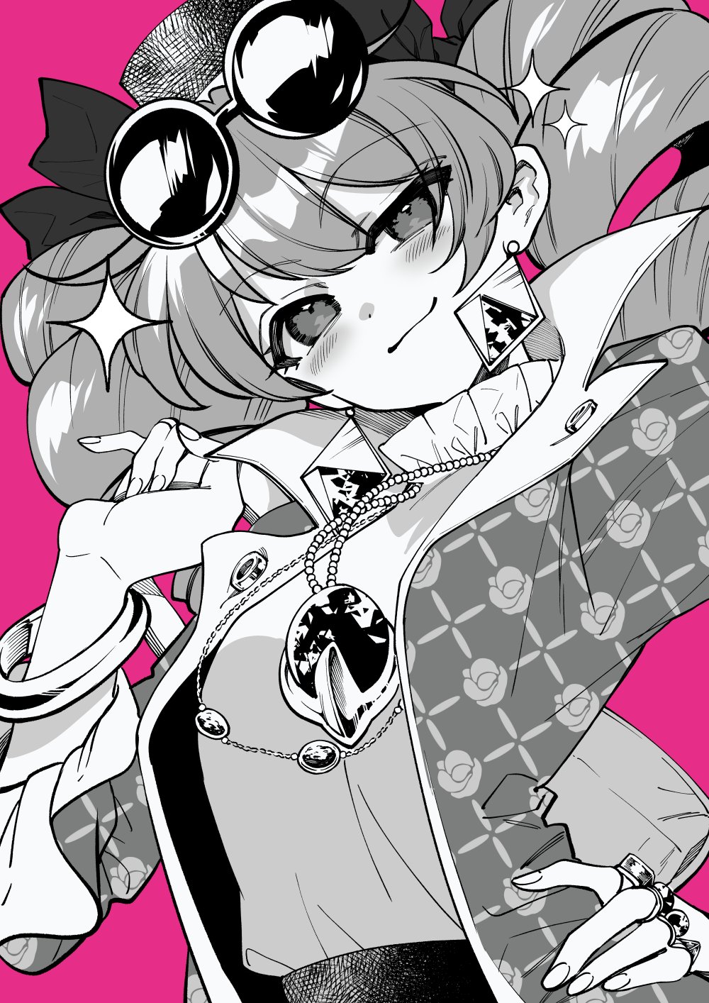1girl drill_hair earrings eyewear_on_head floral_print hand_on_own_hip highres jacket jewelry katayama_kei long_hair looking_down monochrome necklace purple_background shirt smile solo sparkle touhou twin_drills yorigami_jo'on
