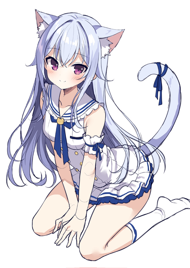 1girl animal_ear_fluff animal_ears bare_shoulders between_legs blue_bow bow breasts cat_ears cat_girl cat_tail closed_mouth commentary_request dress grey_hair hair_between_eyes hair_intakes hand_between_legs long_hair looking_at_viewer mauve no_shoes original sailor_collar sailor_dress simple_background sitting sketch sleeveless sleeveless_dress small_breasts smile socks soles solo tail tail_bow tail_ornament very_long_hair violet_eyes wariza white_background white_dress white_sailor_collar white_socks