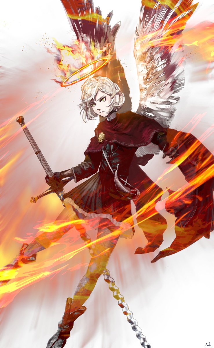 1other androgynous angel angel_wings black_gloves boots braid braided_bangs cape dress fire flamberge flaming_halo flying full_body gloves green_eyes grey_dress grey_footwear grey_pantyhose halo highres holding holding_sword holding_weapon horn_(instrument) light_particles looking_ahead magic marku_mk27 orange_halo original pantyhose red_cape ring_of_fire serious short_hair side_braid single_braid slit_pupils solo sword warrior weapon white_background white_hair white_wings wings