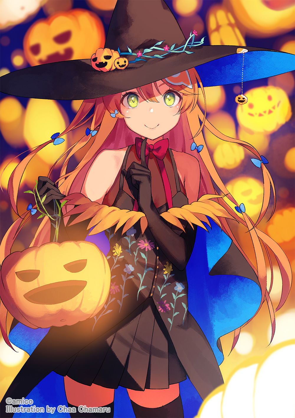 1girl amiami_(company) amico black_gloves black_headwear black_skirt black_thighhighs bow bowtie elbow_gloves floral_print gloves green_eyes hair_between_eyes hair_ornament halloween hat hat_ornament highres holding index_finger_raised jack-o'-lantern long_hair looking_at_viewer official_art orange_hair pleated_skirt pumpkin red_bow red_bowtie skirt sleeveless smile solo thigh-highs very_long_hair witch_hat yumekui