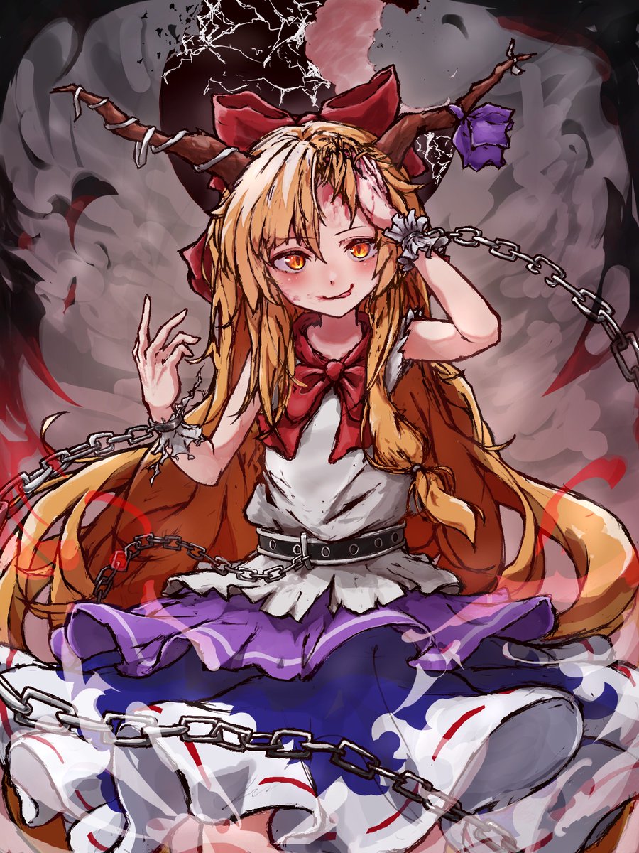 1girl blonde_hair blue_skirt bow chain cowboy_shot grey_background hair_between_eyes hair_bow highres horn_ornament horns ibuki_suika large_bow layered_skirt long_hair looking_at_viewer myui17901139 oni_horns orange_eyes purple_skirt red_bow shirt simple_background skirt sleeveless sleeveless_shirt solo tongue tongue_out touhou very_long_hair white_shirt wrist_cuffs