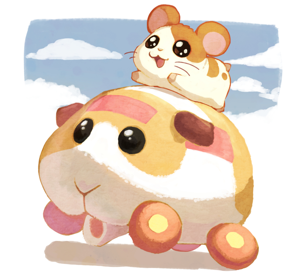 :3 animal_focus black_eyes blue_sky brown_eyes clouds commentary_request crossover full_body guinea_pig hamster hamtaro hamtaro_(series) molcar motor_vehicle no_humans open_mouth outdoors potato_(pui_pui_molcar) pui_pui_molcar riding riding_animal sky smile tokumaro