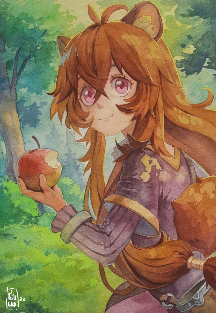 1girl aged_down animal_ear_fluff animal_ears apple artist_name bitten_apple brown_hair child closed_mouth cowlick day dress eating food food_bite forest fruit grass hair_between_eyes highres holding holding_food holding_fruit knife_sheath long_hair long_sleeves looking_at_viewer nature outdoors painting_(medium) philiera raccoon_ears raccoon_girl raccoon_tail raphtalia red_eyes scan sheath short_dress sidelocks signature skirt smile solo tail tate_no_yuusha_no_nariagari traditional_media tree watercolor_(medium)