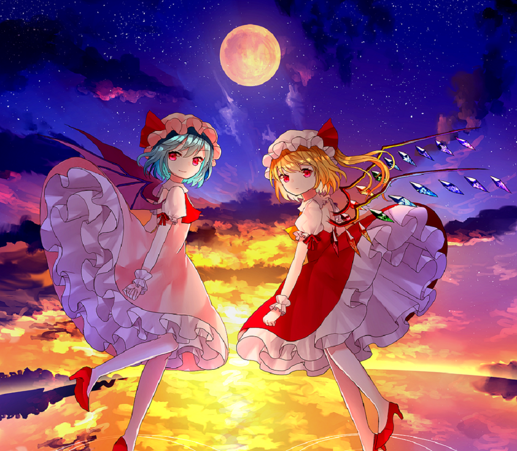 2girls :/ ascot back_cutout bat_wings blush clothing_cutout clouds cloudy_sky collared_shirt commentary_request crystal dress flandre_scarlet full_moon hat high_heels looking_at_viewer looking_back mob_cap moon multicolored_wings multiple_girls night night_sky no_socks petticoat pink_dress pink_headwear puffy_short_sleeves puffy_sleeves red_ascot red_eyes red_footwear red_ribbon red_skirt red_vest remilia_scarlet ribbon ripples sakizaki_saki-p shirt short_hair short_sleeves siblings side_ponytail sisters skirt sky standing standing_on_liquid star_(sky) starry_sky touhou vest water white_headwear white_shirt wing_collar wings wrist_cuffs