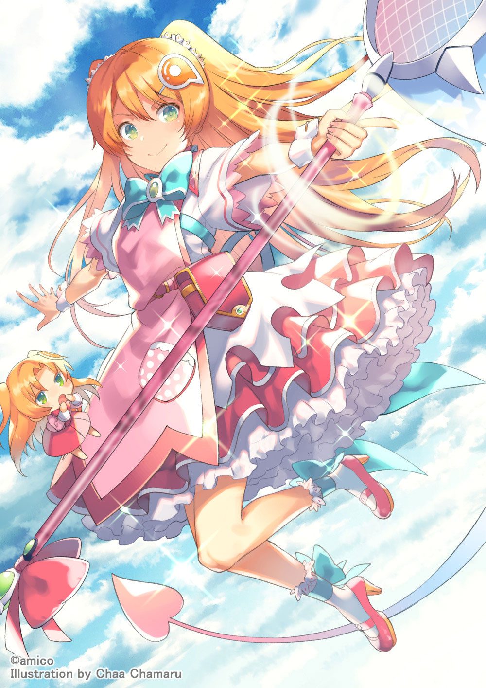 2girls amiami_(company) amico aqua_bow aqua_bowtie blue_sky blush bow bowtie clouds day dress frilled_dress frills green_eyes hair_ornament highres holding long_hair magical_girl multiple_girls official_art open_mouth orange_hair outdoors pink_bow pink_footwear shoes short_sleeves sky smile socks sparkle staff two_side_up very_long_hair white_socks wrist_cuffs yumekui