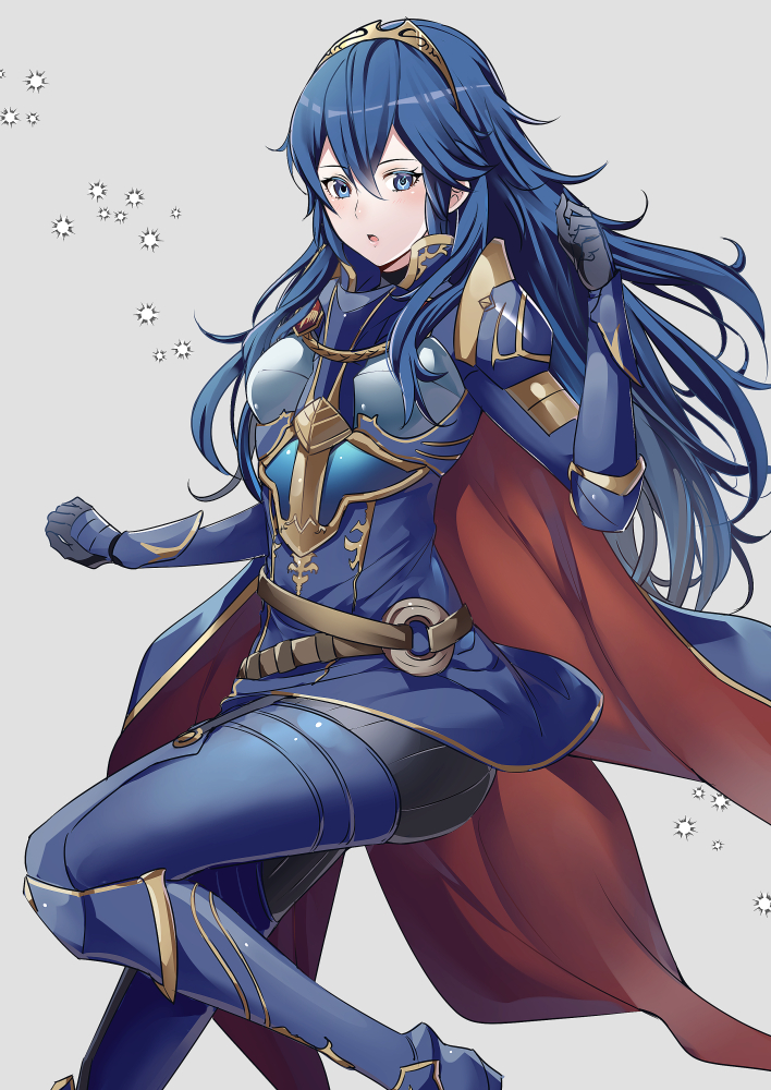 1girl :o ameno_(a_meno0) armor armored_boots belt black_gloves blue_cape blue_eyes blue_hair blush boots breastplate brown_belt cape fire_emblem fire_emblem_awakening fire_emblem_heroes gauntlets gloves gold_trim grey_background hair_between_eyes long_hair looking_at_viewer lucina_(fire_emblem) lucina_(glorious_archer)_(fire_emblem) official_alternate_costume pauldrons red_cape shoulder_armor simple_background solo tiara two-tone_cape