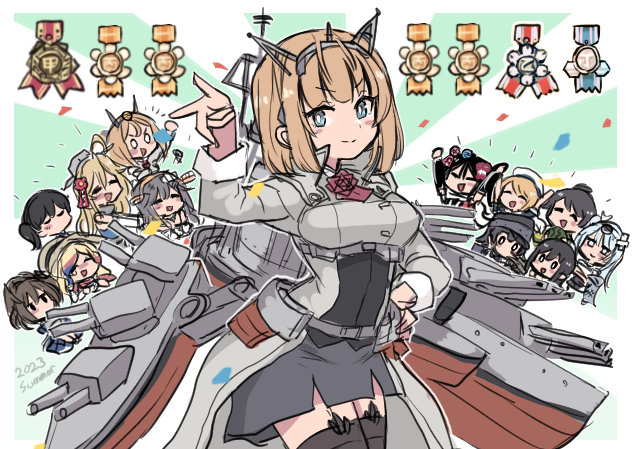 6+girls arare_(kancolle) asashio_(kancolle) black_hair black_thighhighs blonde_hair breasts brown_hair character_request chibi closed_eyes closed_mouth commandant_teste_(kancolle) confetti crossed_bandaids haruna_(kancolle) hat headgear iowa_(kancolle) jervis_(kancolle) kaga_(kancolle) kantai_collection light_brown_hair long_hair medal multicolored_hair multiple_boys multiple_girls nelson_(kancolle) one_side_up open_mouth ponytail rigging rodney_(kancolle) sendai_(kancolle) sheffield_(kancolle) side_ponytail simple_background suzutsuki_(kancolle) terrajin thigh-highs