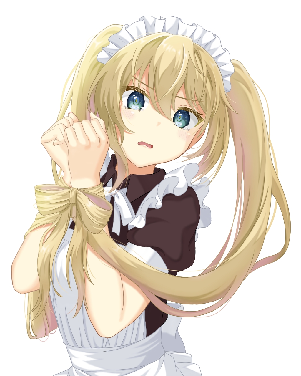 1girl apron back_bow black_dress blonde_hair blue_eyes blush bound bound_wrists bow bow-shaped_hair clenched_hands colored_eyelashes commentary double-parted_bangs dress frilled_apron frills frown hair_between_eyes hands_up head_tilt highres long_hair looking_at_viewer maid maid_apron maid_headdress mochimugi_rice neck_ribbon open_mouth original puffy_short_sleeves puffy_sleeves restrained ribbon short_sleeves simple_background solo tearing_up tears twintails upper_body v-shaped_eyebrows very_long_hair white_apron white_background white_bow white_ribbon