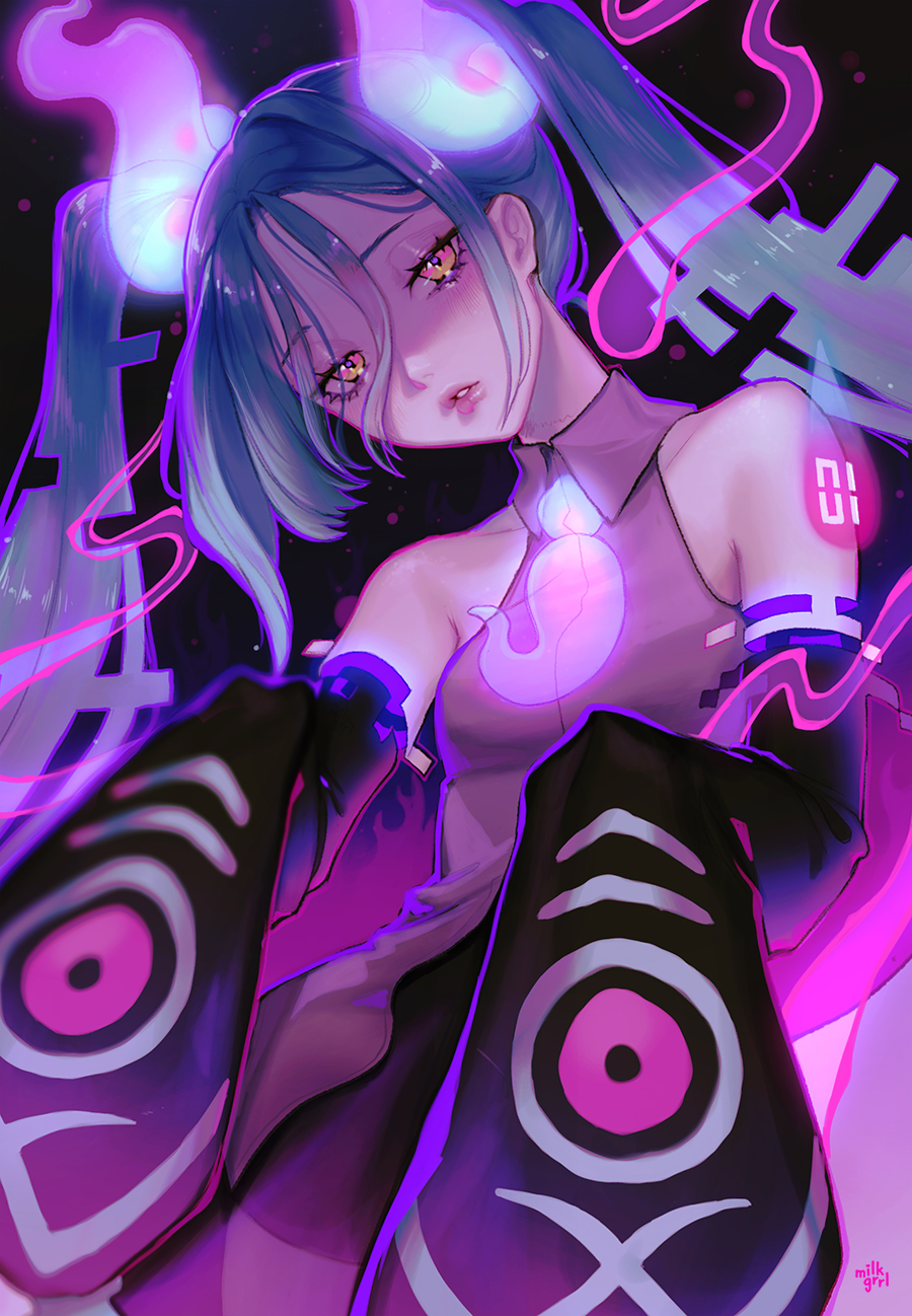 1girl aqua_hair bare_shoulders collared_shirt detached_sleeves ghost ghost_miku_(project_voltage) glitch gradient_hair grey_shirt hair_between_eyes hatsune_miku highres looking_at_viewer multicolored_hair necktie parted_lips pokemon project_voltage shari_cote shirt skirt sleeves_past_fingers sleeves_past_wrists twintails vocaloid will-o'-the-wisp_(mythology) yellow_eyes