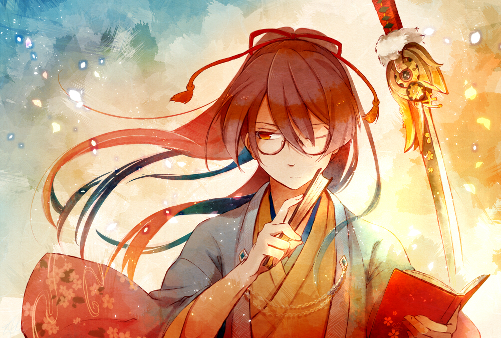 1boy ;| blue_background blue_jacket book brown_kimono bungou_to_alchemist chain closed_mouth facing_viewer falling_petals floral_print folded_fan folding_fan glasses gradient_background gradient_clothes gradient_jacket hair_between_eyes hair_ornament hair_ribbon hand_fan haori holding holding_book holding_fan jacket japanese_clothes katana kimono long_hair male_focus one_eye_closed open_book petals planted planted_sword ponytail red_eyes red_jacket red_ribbon ribbon round_eyewear serious sideways_glance solo sorami_so sword tassel tassel_hair_ornament tsubouchi_shouyou_(bungou_to_alchemist) upper_body weapon wind yellow_background