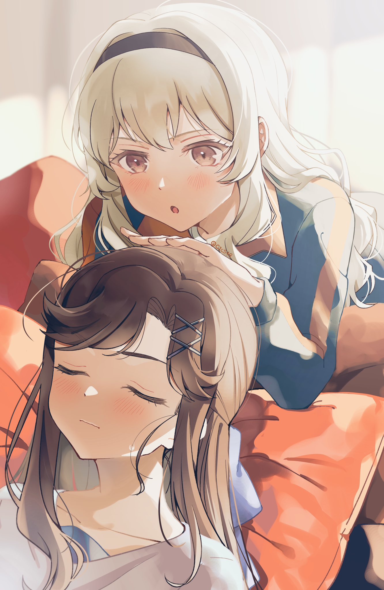 2girls :o black_hairband black_jacket blonde_hair blurry blurry_background blush bow brown_eyes brown_hair closed_eyes closed_mouth collarbone commentary_request elbow_rest hair_bow hair_ornament hairband half_updo hand_on_another's_head hand_up highres indoors jacket long_hair long_sleeves looking_at_another lying multiple_girls nijiko_(c2cs4q) on_back on_stomach parted_lips pillow saijou_claudine shirt shoujo_kageki_revue_starlight sidelocks striped striped_jacket sweatdrop tendou_maya track_jacket twitter_username upper_body wavy_hair wavy_mouth white_bow white_shirt x_hair_ornament