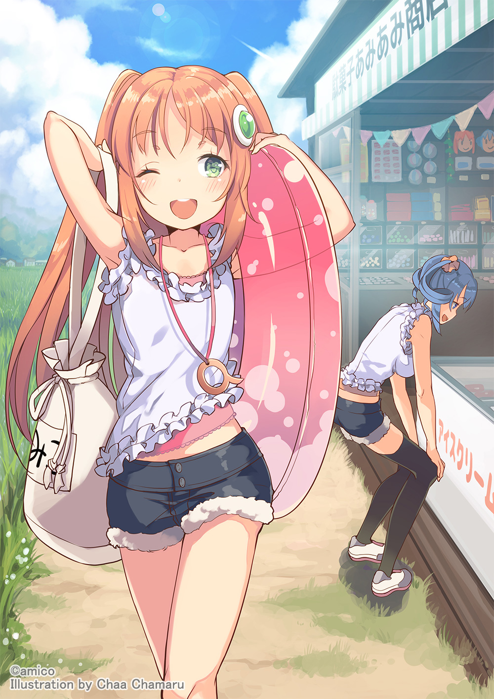 2girls amiami_(company) amico artist_name bag black_thighhighs blue_hair blush breasts clouds day denim denim_shorts grass green_eyes hair_ornament highres holding holding_innertube innertube jewelry lilco long_hair multiple_girls necklace official_art one_eye_closed open_mouth orange_hair outdoors shoes short_shorts short_twintails shorts sky thigh-highs twintails yumekui