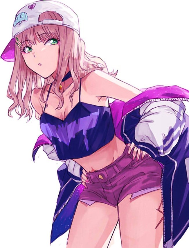 1girl baseball_cap breasts brown_hair corset eyelashes green_eyes gridman_universe gridman_universe_(film) hair_ornament hat jacket long_hair looking_at_viewer minami_yume necktie official_alternate_costume open_mouth purple_corset purple_shorts risyo scar scar_on_leg short_necktie shorts simple_background solo ssss.dynazenon white_background