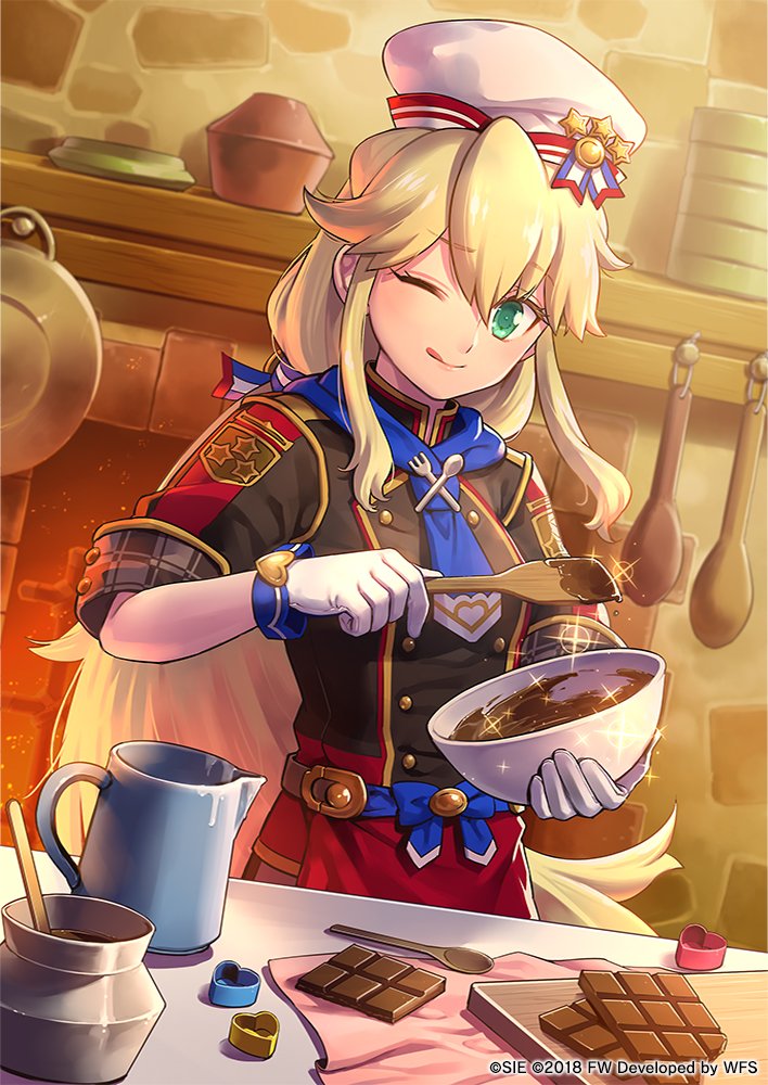 1girl blonde_hair chocolate clarissa_arwin fireplace gloves green_eyes hat long_hair official_art one_eye_closed smile sparkle table tetsukuzu_tetsuko very_long_hair white_gloves wild_arms wild_arms_xf