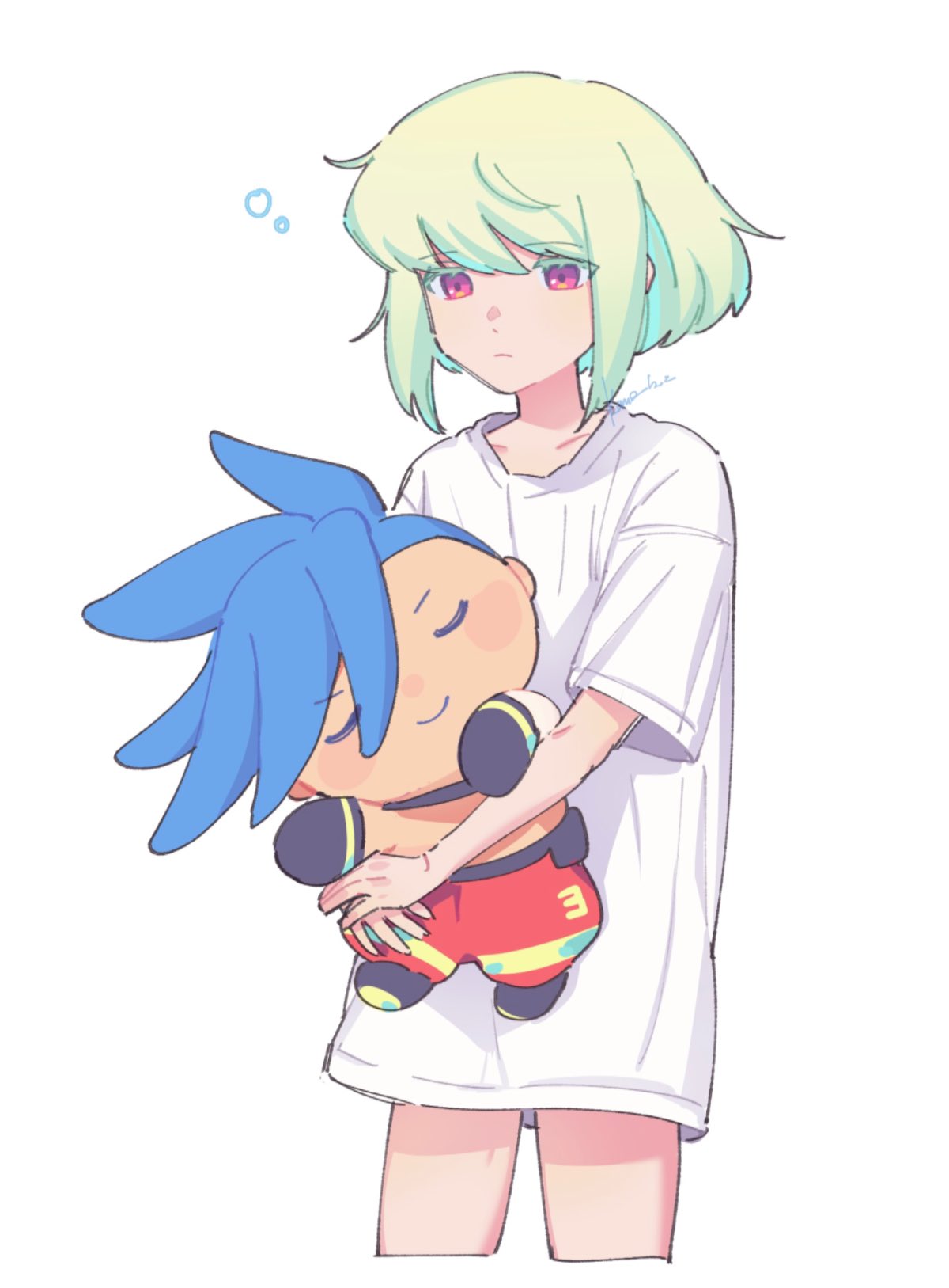 1boy blue_hair character_doll cowboy_shot galo_thymos green_hair half-closed_eyes highres holding holding_stuffed_toy kome_1022 lio_fotia male_focus no_pants otoko_no_ko pants promare red_pants shirt short_hair simple_background sleepy solo stuffed_toy violet_eyes white_background white_shirt