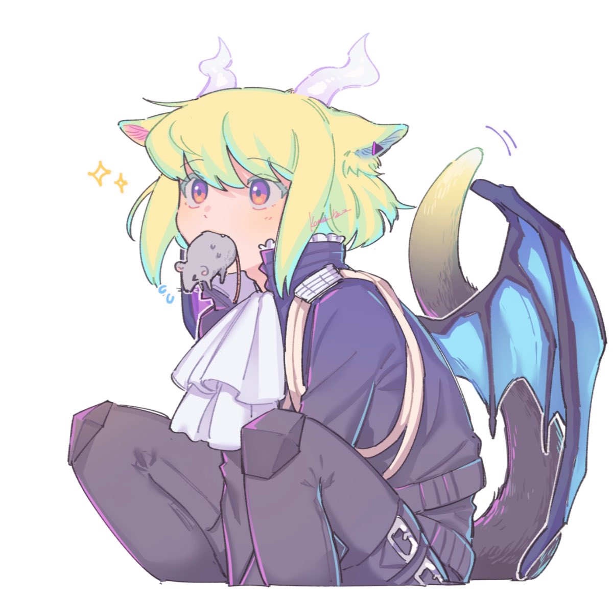 1boy animal_ears animal_in_mouth ascot black_jacket black_pants blonde_hair cat_boy cat_ears cat_tail dragon_boy dragon_horns dragon_wings earrings ears_down facing_up fang flying_sweatdrops horns jacket jewelry kemonomimi_mode knee_pads knees_up kome_1022 lio_fotia looking_up male_focus mouse otoko_no_ko pants promare short_hair simple_background single_earring sitting solo sparkle tail triangle_earrings violet_eyes white_ascot white_background white_horns wings