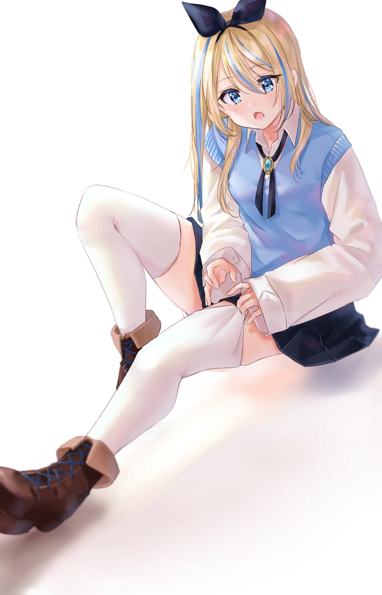 1girl blonde_hair blue_brooch blue_eyes blue_hair blue_ribbon blue_skirt blue_sweater_vest breasts brown_footwear chigusa_minori collared_shirt commentary_request dress_shirt fang full_body hair_between_eyes hair_ribbon highres light_blush long_hair long_sleeves looking_at_viewer multicolored_hair neck_ribbon open_mouth original pleated_skirt ribbon shirt sidelocks simple_background sitting skirt sleeves_past_wrists small_breasts solo streaked_hair sweater_vest thigh-highs thighhighs_pull white_background white_shirt white_thighhighs zettai_ryouiki