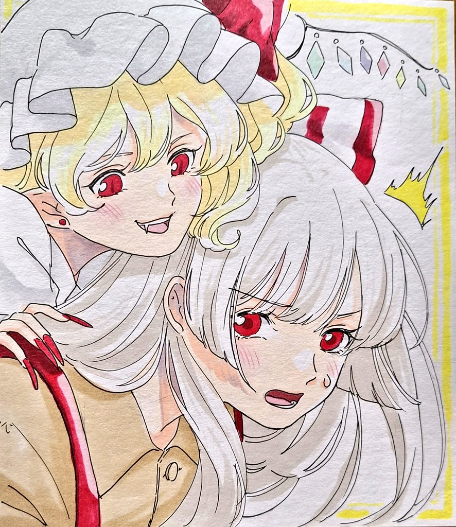 2girls blonde_hair blush bow brown_shirt collared_shirt crystal_wings fang fingernails flandre_scarlet fujiwara_no_mokou hair_bow hat hat_bow leaning_on_person long_fingernails looking_at_another looking_at_viewer mob_cap mokoiscat multiple_girls open_mouth red_bow red_eyes red_nails red_suspenders shirt suspenders sweatdrop teeth tongue touhou upper_body upper_teeth_only white_hair white_headwear