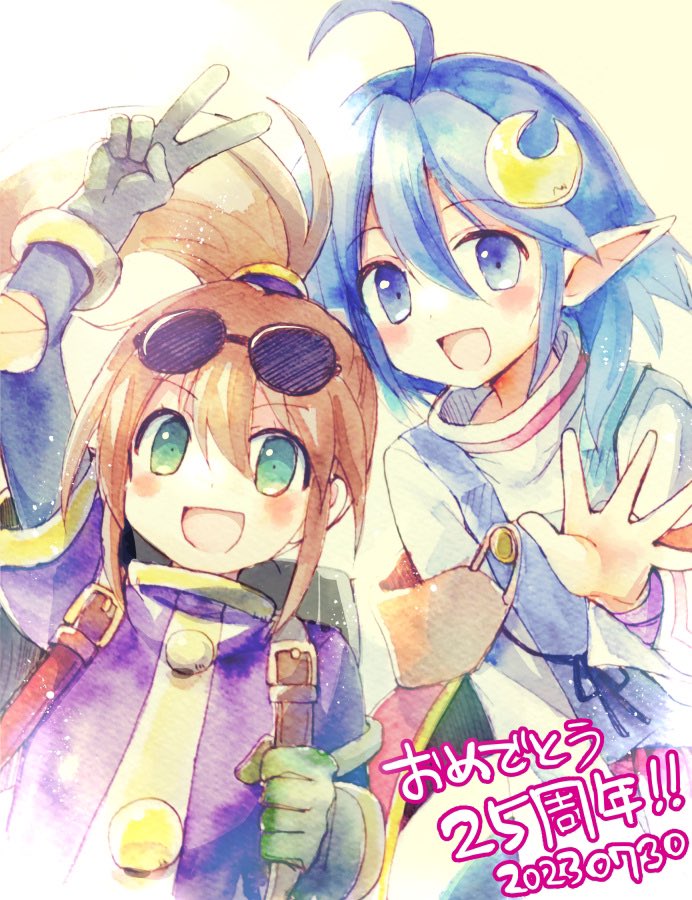 2girls :d blue_eyes blue_hair blush brown_hair cape crescent crescent_hair_ornament eyewear_on_head gloves green_eyes hair_ornament long_hair looking_at_viewer multiple_girls open_mouth pointy_ears ponytail precis_neumann red_cape rena_lanford short_hair smile star_ocean star_ocean_the_second_story v zinan
