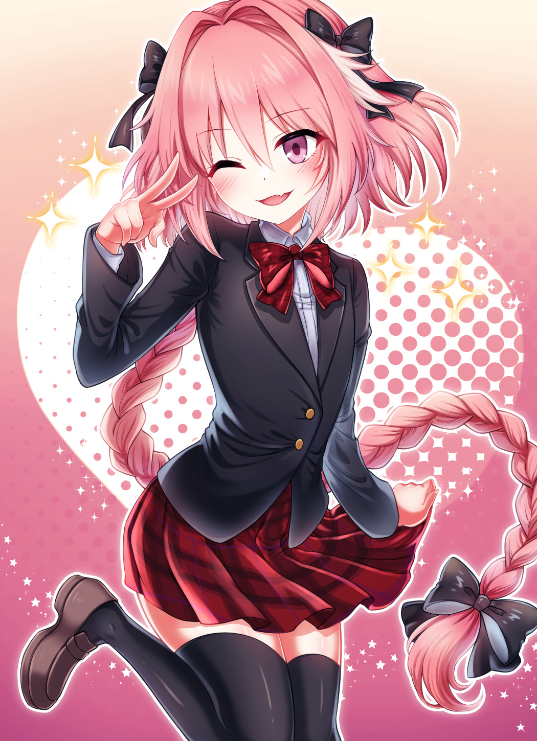 1boy ;d androgynous astolfo_(fate) black_bow black_jacket black_thighhighs bow bowtie braid braided_ponytail collared_shirt commission crossdressing dress_shirt fang fate/apocrypha fate_(series) floating_hair hair_bow hairband highres jacket leg_up long_hair long_sleeves miniskirt one_eye_closed otoko_no_ko pink_background pink_eyes pink_hair pixiv_commission plaid plaid_skirt pleated_skirt red_bow red_bowtie red_skirt school_uniform shell_ocean shirt single_braid skin_fang skirt smile solo standing standing_on_one_leg thigh-highs v very_long_hair white_shirt wing_collar zettai_ryouiki