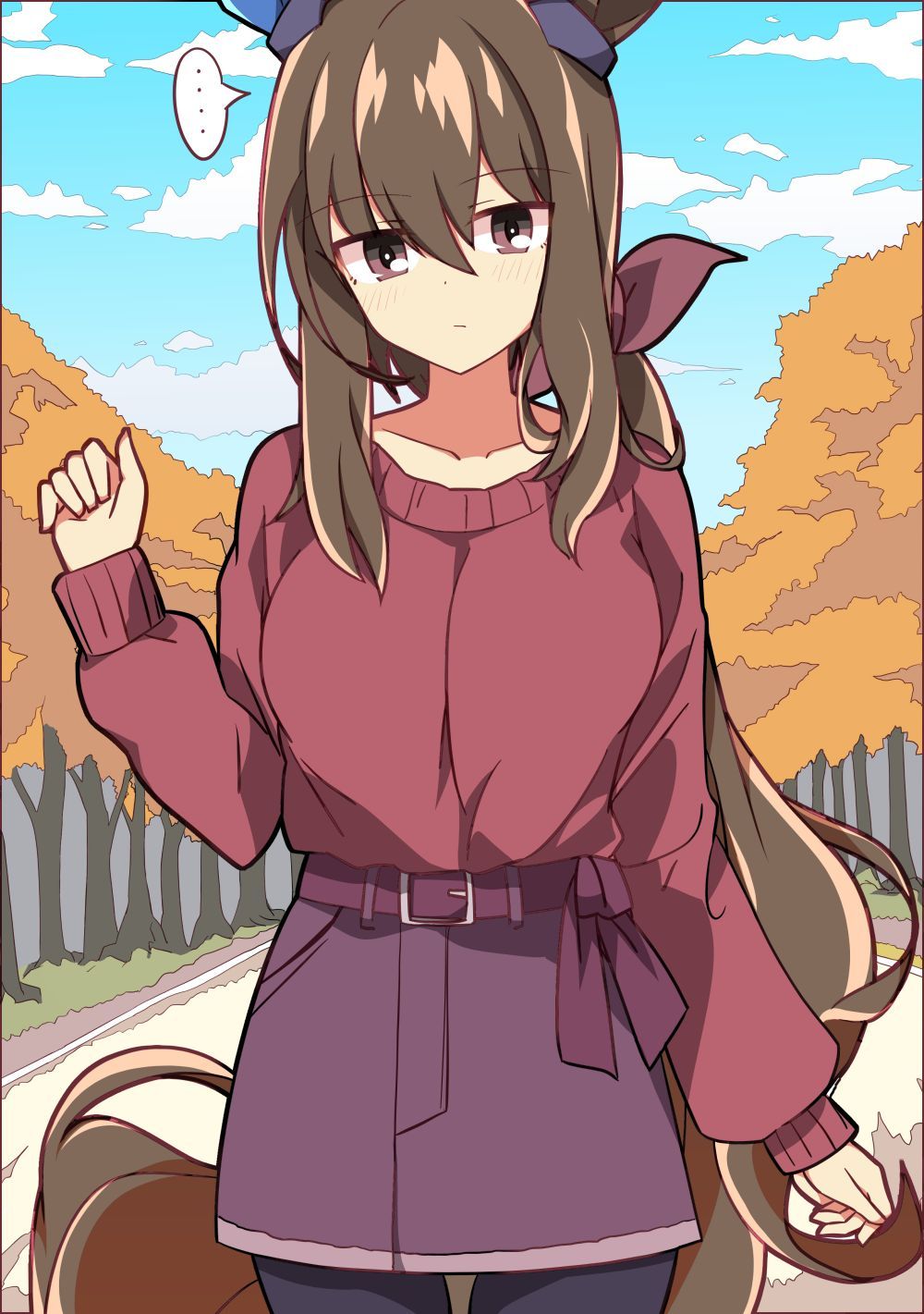 ... 1girl admire_vega_(umamusume) alternate_costume alternate_eye_color animal_ears autumn_leaves black_thighhighs blue_sky bow breasts brown_eyes closed_mouth clouds cloudy_sky commentary_request cowboy_shot ear_covers highres horse_ears horse_tail long_hair long_sleeves looking_at_viewer medium_breasts outdoors puffy_sleeves red_bow red_sweater single_ear_cover sky solo spoken_ellipsis sweater tail thigh-highs umamusume wahiko_(black_bastard)