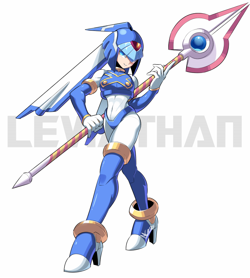 1girl android armor blue_armor blue_eyes blue_footwear blue_sleeves bodysuit boots character_name crop_top helmet high_heels holding holding_polearm holding_weapon leviathan_(mega_man) looking_at_viewer mcnr mega_man_(series) mega_man_zero_(series) polearm robot robot_girl weapon white_bodysuit
