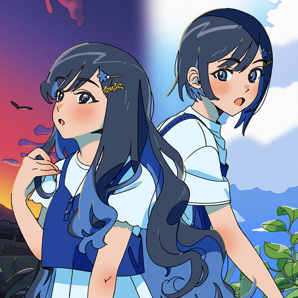 2girls :o alternate_costume alternate_hair_length alternate_hairstyle asymmetrical_sidelocks black_hair blue_eyes blue_hair blue_overalls blue_shirt blue_sky blush cevio clouds cloudy_sky colored_inner_hair commentary_request crop_top day_and_night dress dual_persona futaba_minato gradient_sky hair_ornament hairclip holding_own_hair layered_shirt looking_ahead looking_at_another looking_back momonosa_oekaki multicolored_hair multiple_girls overalls plant shirt short_hair short_sleeves simple_bird sky sleeveless sleeveless_shirt spaghetti_strap sunset upper_body wavy_hair white_dress white_shirt