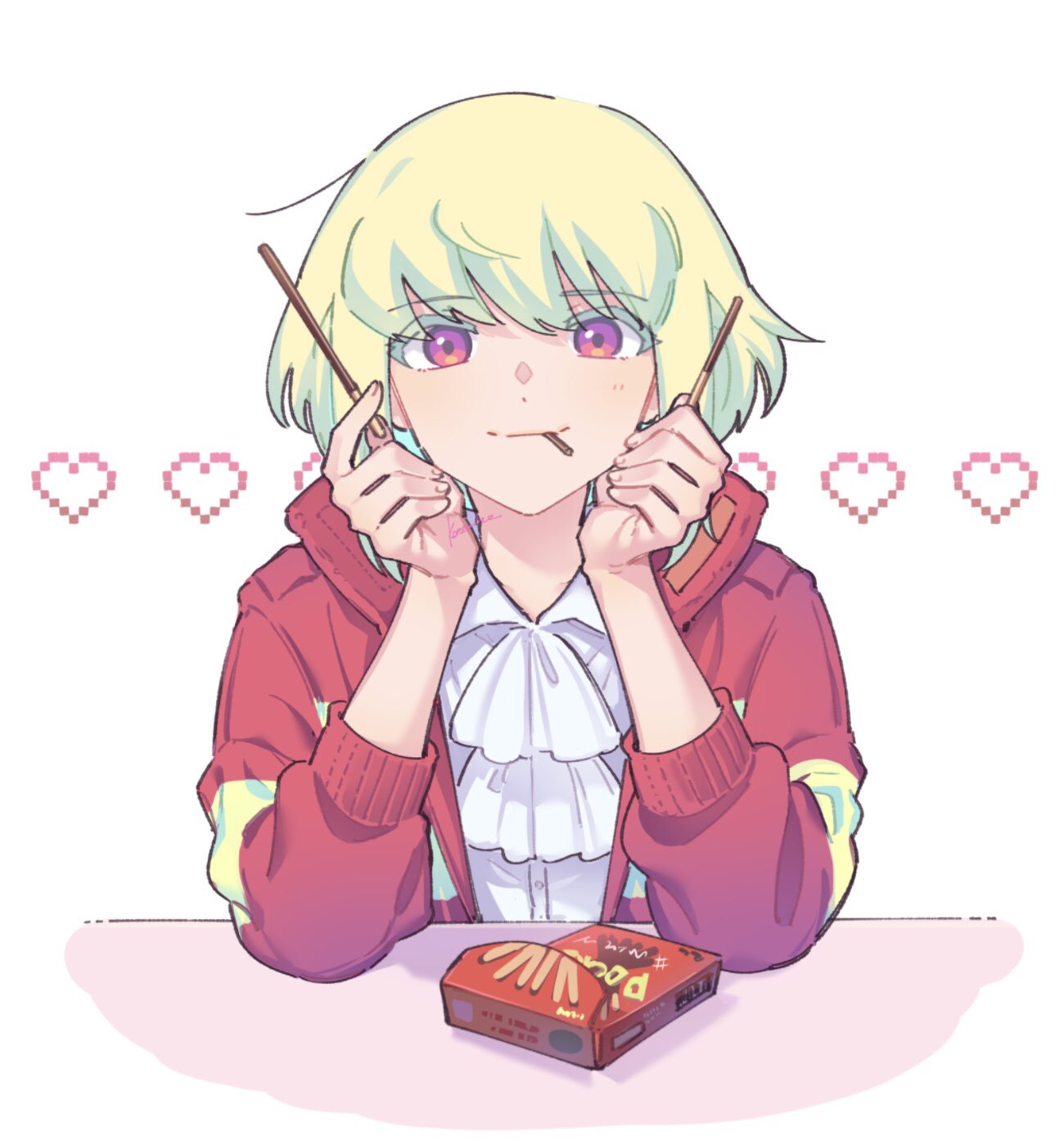 1boy ascot blonde_hair firefighter_jacket food food_in_mouth heart highres holding holding_food holding_pocky jacket kome_1022 lio_fotia looking_at_viewer male_focus otoko_no_ko pocky pocky_in_mouth promare red_jacket shirt short_hair simple_background smile solo violet_eyes white_ascot white_background white_shirt