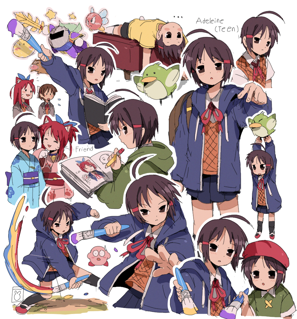 ... 3girls :o ^_^ adeleine ahoge animal_ear_fluff animal_ears arm_up armor arms_up backpack bag bendedede beret bird black_skirt black_socks blue_hoodie blue_kimono blush book borrowed_character bronto_burt brown_bag brown_eyes brown_hair brown_vest carrying cat_ears character_name closed_eyes closed_mouth collared_shirt commentary drawing drawstring english_commentary expressionless fighting_stance floral_print galaxia_(sword) green_shirt hair_ornament hairclip hand_up hat high_ponytail holding holding_book holding_paintbrush holding_pencil holding_sword holding_weapon hood hood_down hoodie japanese_clothes kimono kirby kirby_(series) long_sleeves looking_at_another looking_at_viewer lying mask meta_knight miniskirt multiple_girls multiple_views neck_ribbon nruff obi obijime on_back open_book open_clothes open_hoodie open_mouth original paint paintbrush parted_bangs pauldrons paw_print paw_print_pattern pencil pink_kimono pitch_(kirby) pleated_skirt ponytail print_kimono purple_sash red_headwear red_ribbon red_sash redhead ribbon sash school_uniform serious shirt shoes short_hair short_sleeves shoulder_armor sidelocks simple_background skirt smile socks standing star_(symbol) sweatdrop sword upper_body v-shaped_eyebrows vest weapon whiskers white_background white_shirt wide-eyed wing_collar yellow_shirt