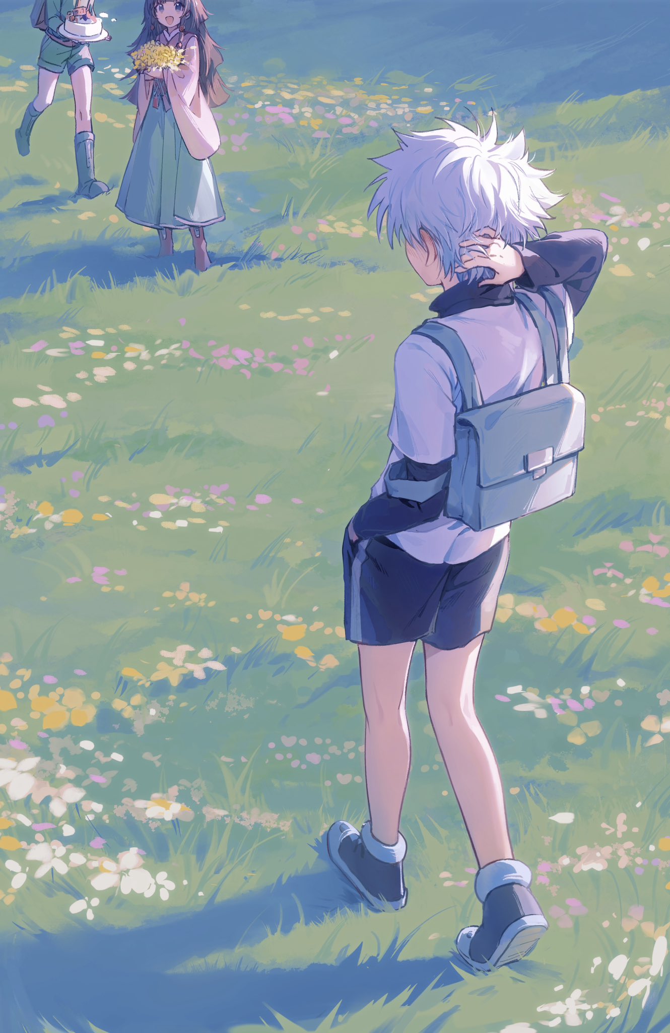 1girl 2boys alluka_zoldyck bag black_hair black_shorts boots bouquet cake english_commentary flower food gon_freecss green_shorts hand_in_pocket hand_on_own_neck highres holding holding_bouquet hunter_x_hunter kiko killua_zoldyck long_sleeves multiple_boys outdoors shoes shorts spiky_hair standing white_hair yellow_flower