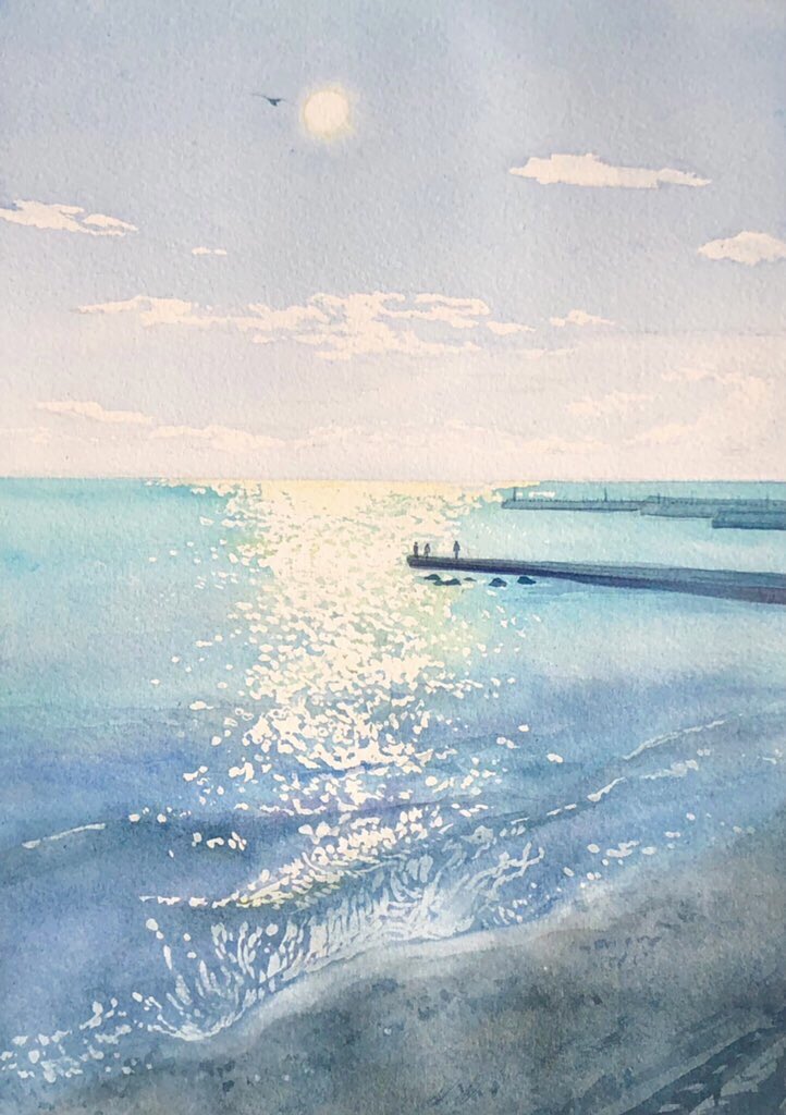 3others blue_sky clouds cloudy_sky day horizon jetty marine_day multiple_others no_humans ocean original painting_(medium) pier shore sky sunlight tlctm7h8wdwnthx traditional_media water watercolor_(medium)