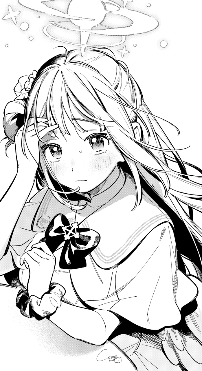 1girl angel_wings blue_archive blush bow bowtie capelet greyscale hair_bun halo highres long_hair looking_at_viewer low_wings meo mika_(blue_archive) monochrome scrunchie simple_background sketch solo upper_body wings wrist_scrunchie