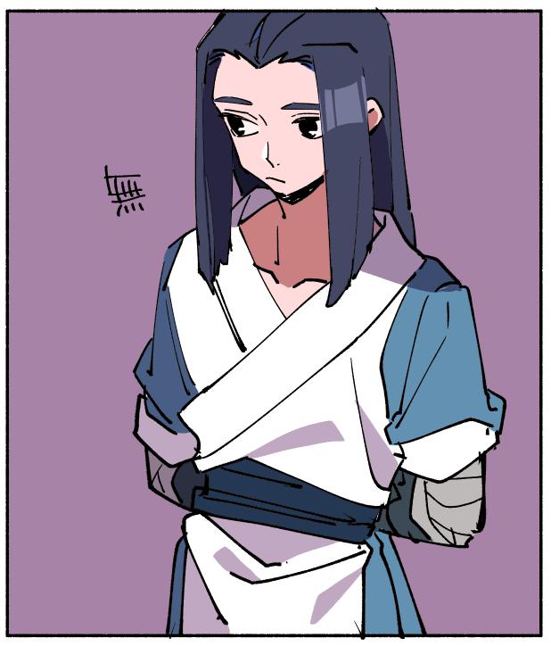 1boy arms_behind_back black_eyes blue_hair blue_tunic closed_mouth collarbone long_hair looking_to_the_side luo_xiaohei_zhanji nploser purple_background sidelocks simple_background solo upper_body very_long_hair white_tunic wuxian_(the_legend_of_luoxiaohei)