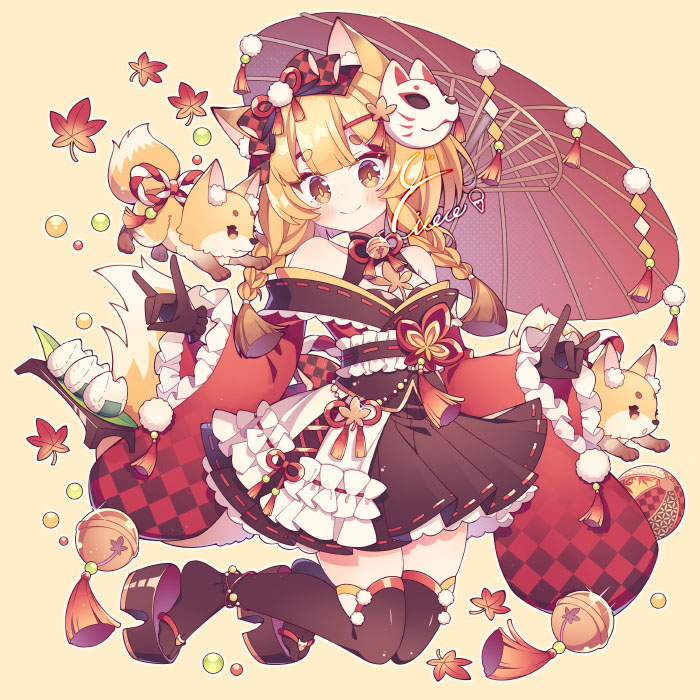 1girl animal_ears autumn autumn_leaves bell black_gloves black_kimono black_skirt black_thighhighs blonde_hair blush braid brown_hair commentary dog dog_ears dog_girl food fox_mask fox_shadow_puppet full_body geta gloves gradient_hair head_bowed hyou_(pixiv3677917) japanese_clothes kimono long_sleeves looking_at_viewer mask mask_on_head multicolored_hair neck_bell obi oil-paper_umbrella onigiri original platform_footwear pleated_skirt pom_pom_(clothes) red_sleeves sash shiba_inu signature simple_background skirt smile solo symbol-only_commentary thick_eyebrows thigh-highs twin_braids umbrella wide_sleeves yellow_background yellow_eyes