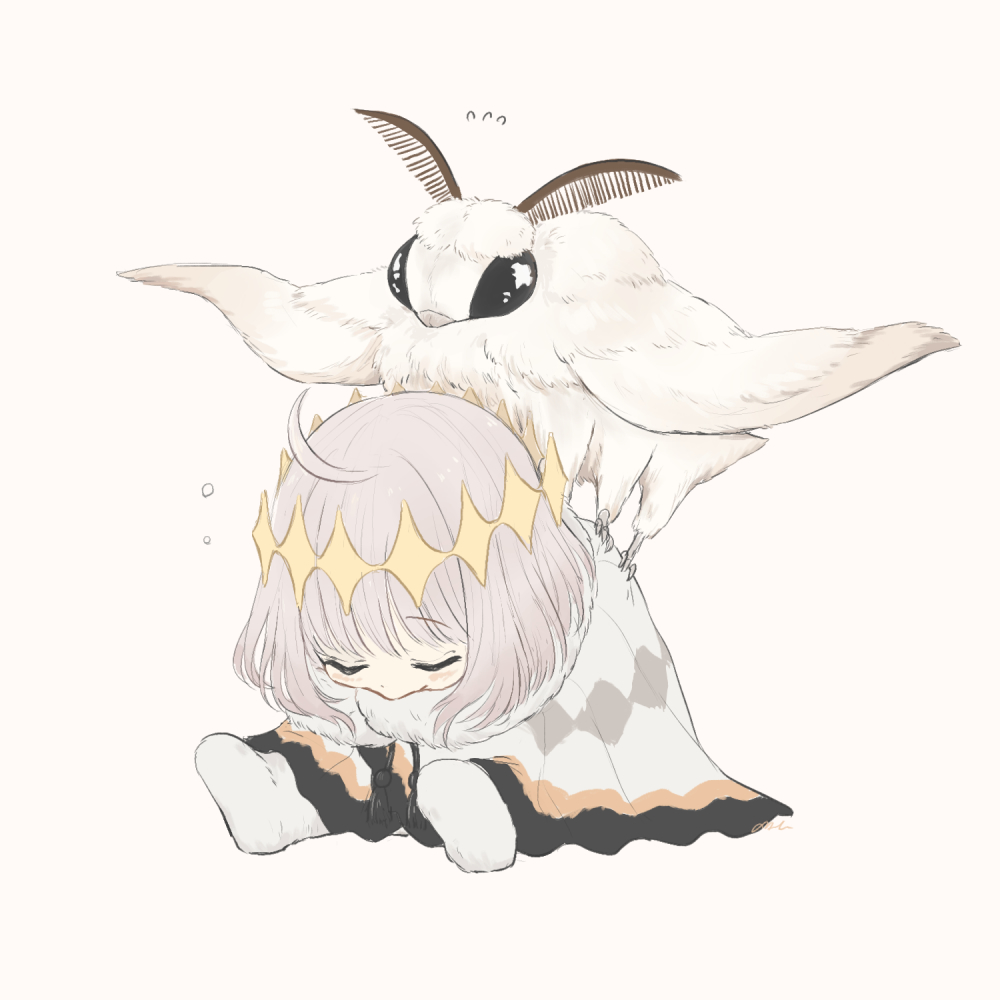 1boy ahoge asa_yaroo blanca_(fate) blush blush_stickers bug butterfly_wings cape capelet carrying chibi cloak closed_eyes closed_mouth crown dress fate/grand_order fate_(series) full_body fur-trimmed_cloak fur_trim grey_background grey_hair hair_between_eyes hair_ornament insect_wings long_hair moth oberon_(fate) piggyback simple_background sitting sleeping socks solo white_dress white_socks wings