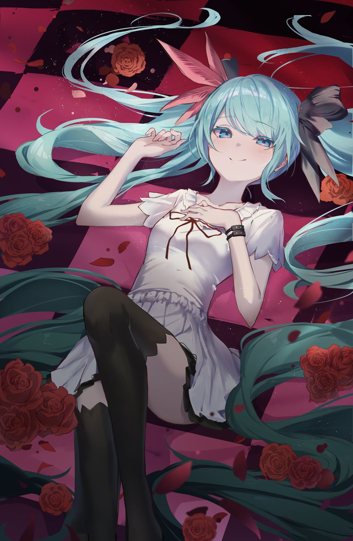 1girl black_bow black_thighhighs blue_eyes blue_hair bow bracelet checkered_floor closed_mouth feather_hair_ornament feathers flower hair_bow hair_ornament hatsune_miku highres jewelry long_hair looking_at_viewer lying miniskirt murumuru_(pixiv51689952) neck_ribbon on_back petals pleated_skirt red_feathers red_flower ribbon rose shirt short_sleeves skirt smile solo swept_bangs thigh-highs twintails very_long_hair vocaloid white_shirt white_skirt world_is_mine_(vocaloid) zettai_ryouiki